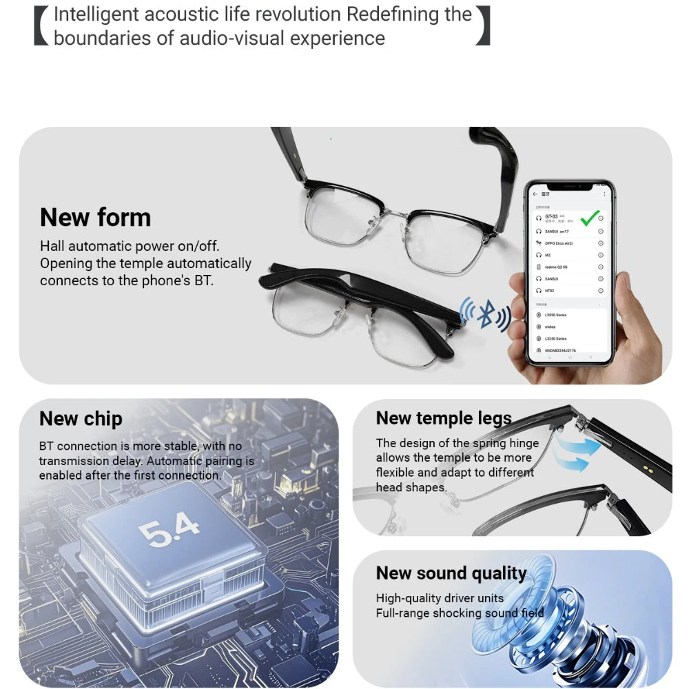 GT-33 Smart audio translation glasses with Bluetooth 5.3 headphones call noise reduction ultra long standby unisex