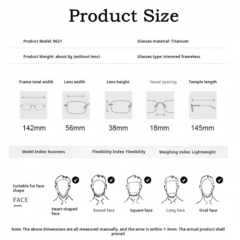 TFTB Pure Titanium Ultra-light Men's Rimless Glasses Business Retro Eyeglasses Flexible Optical Prescription Glasses Frame 142mm