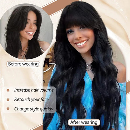 Black women's synthetic wig with big waves and straight bangs for cosplay. Worn daily with high-temperature synthetic hair.