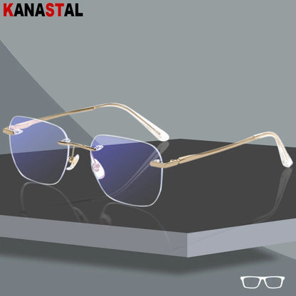 Men Titanium Rimless Eyeglasses Frame Blue Light Blocking Glasses Women Anti Fatigue Lenses Prescription Myopia Reading Eyewear