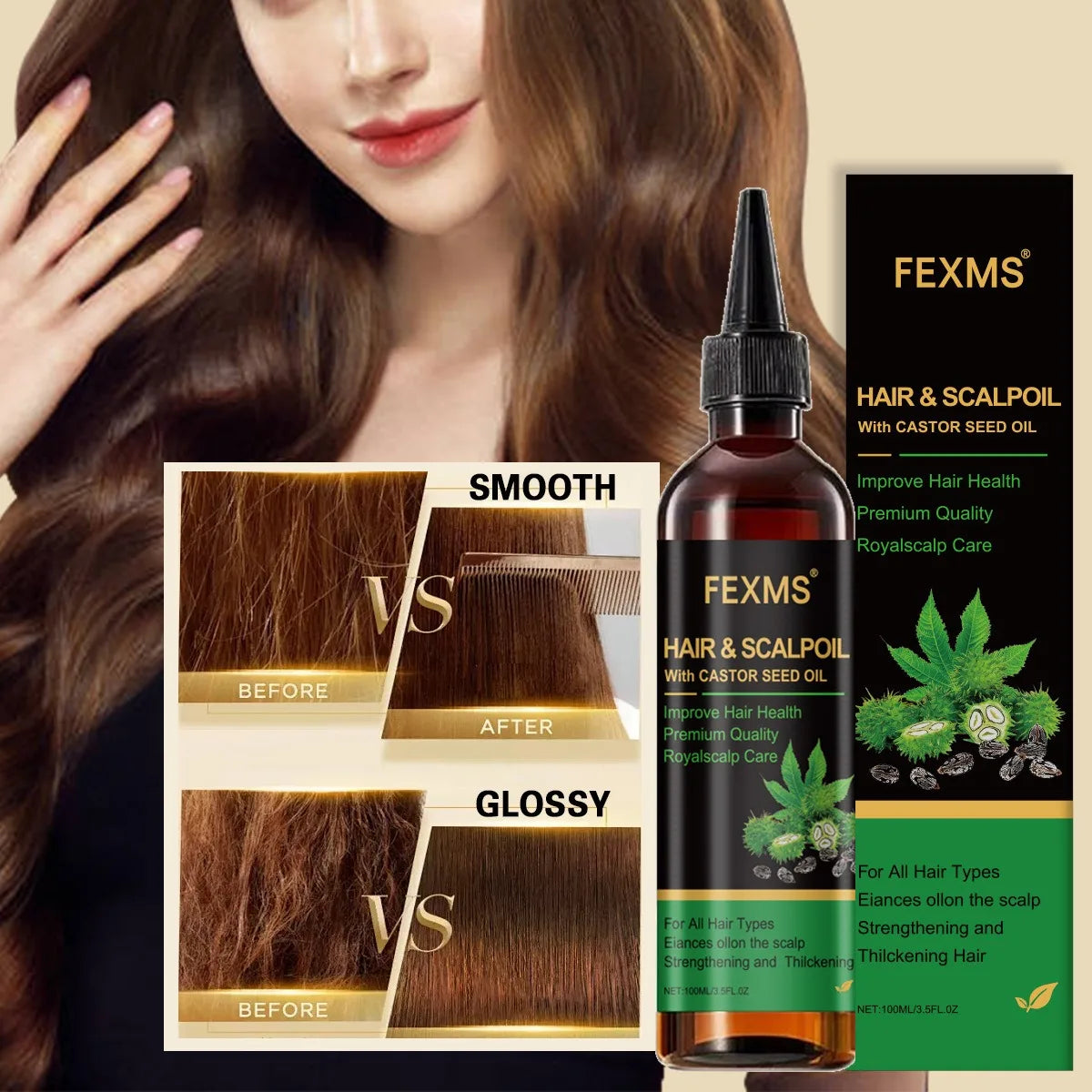 Castor Essential Oil Smooth Shine Anti-Frizz Hair Serum Promote Hair Growth Strengthening Nourishing Scalp Care Oil