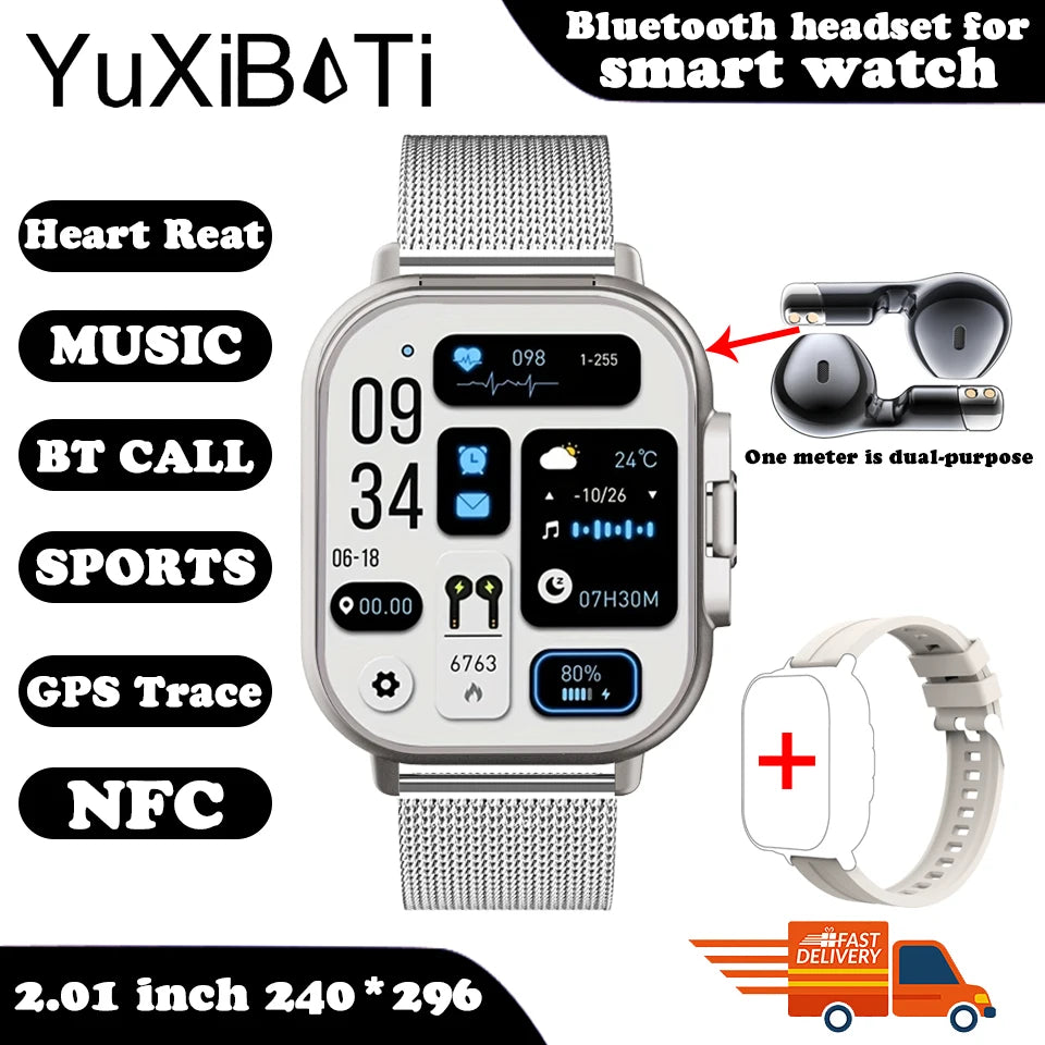 2025 Smart Watch 2 in 1 With Earphone Smartwatch Bluetooth Call NFC Men Watch GPS Track Heart Rate Monitor Play Music SmartWatch