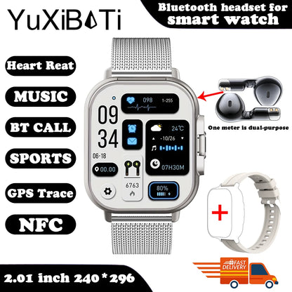 2025 Smart Watch 2 in 1 With Earphone Smartwatch Bluetooth Call NFC Men Watch GPS Track Heart Rate Monitor Play Music SmartWatch