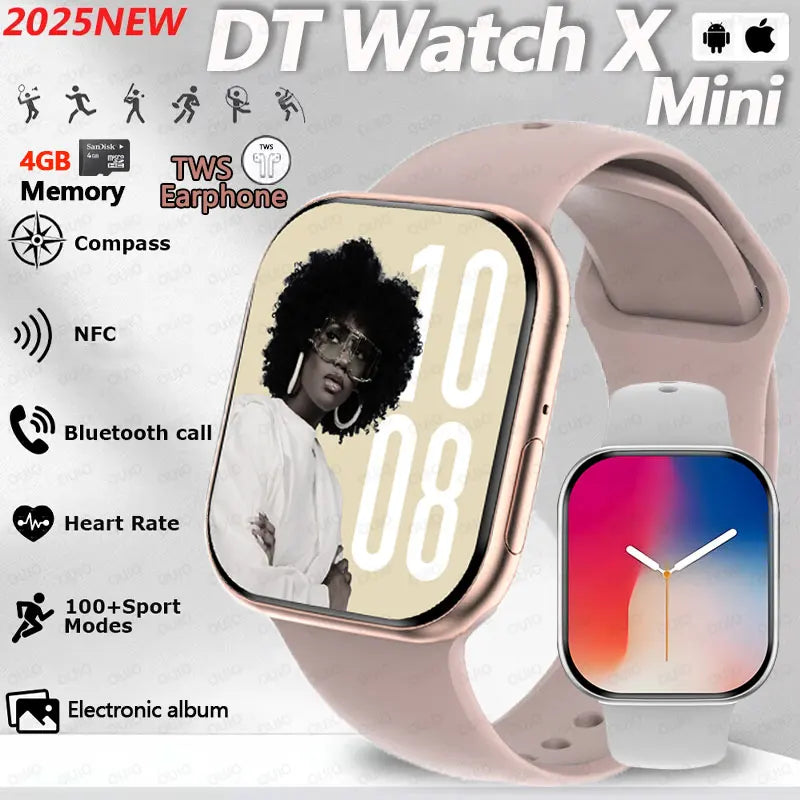 New DT Watch X Mini Smartwatch 3D Menu Video AI Voice NFC 4GB Lang Memory Compass 1.85 Inch AMOLED Super Fast Charge Smartwatch
