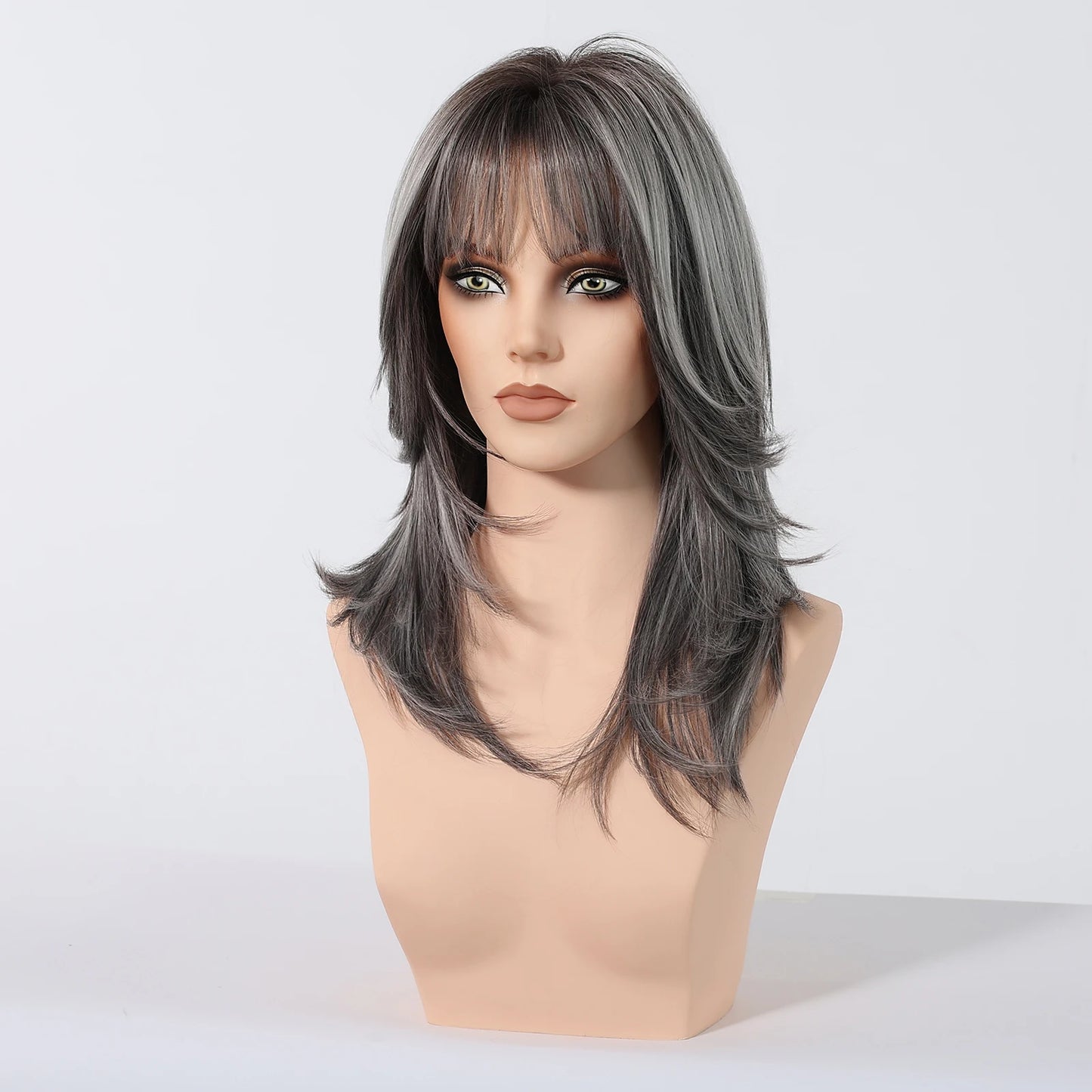Medium Length Straight Wigs Gray Layered Synthetic Wigs With Bangs For Women Party Cosplay Natural Heat Resistant Fake Hair