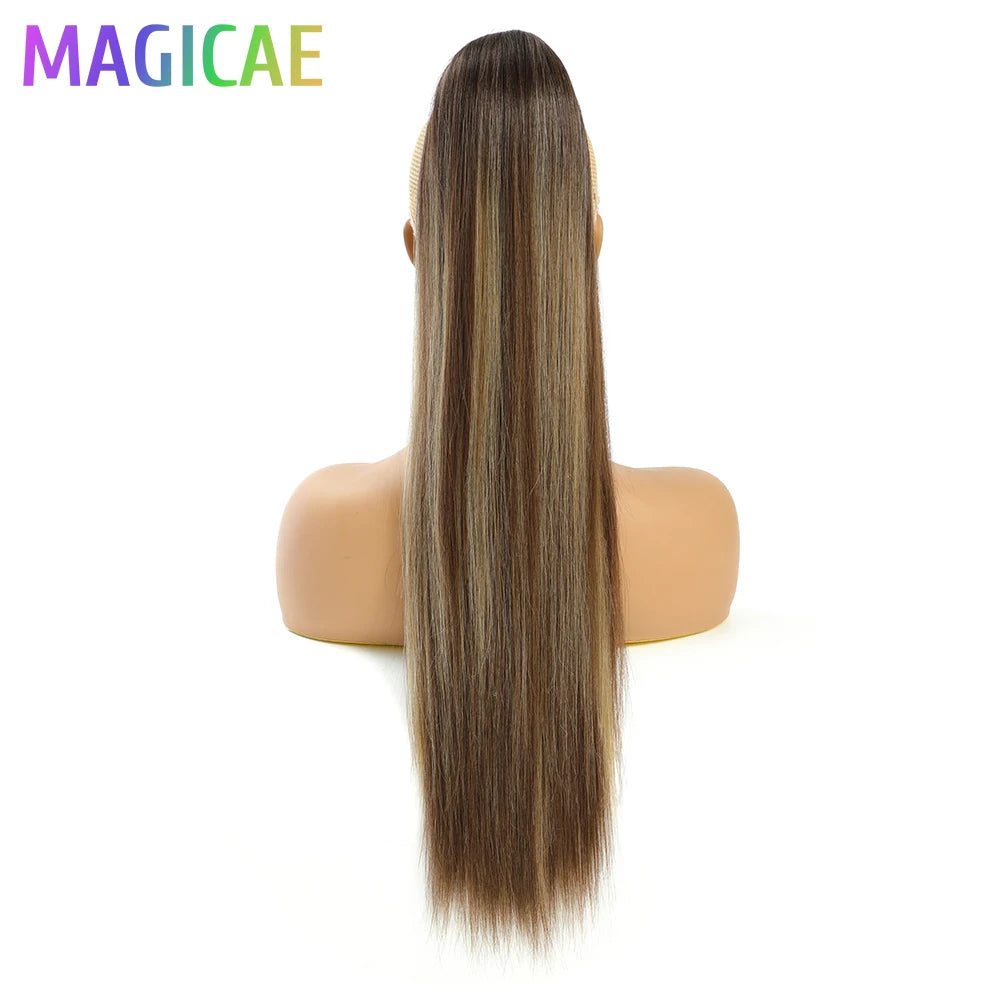 Straight Black Ponytail Blond 27/613 Hair Extensions With Clip Brown 28Inches Ombre Piano Color Heat Resistant Synthetic Hair