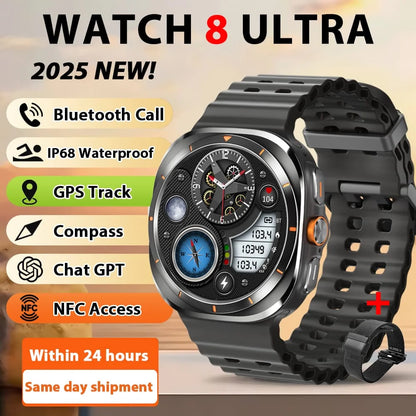 2025 New Watches 8 Ultra GPS Track Smart Watch Men Amoled Screen Heart Rate BT Call NFC Sports IP68 Waterproof Smartwatch Woman