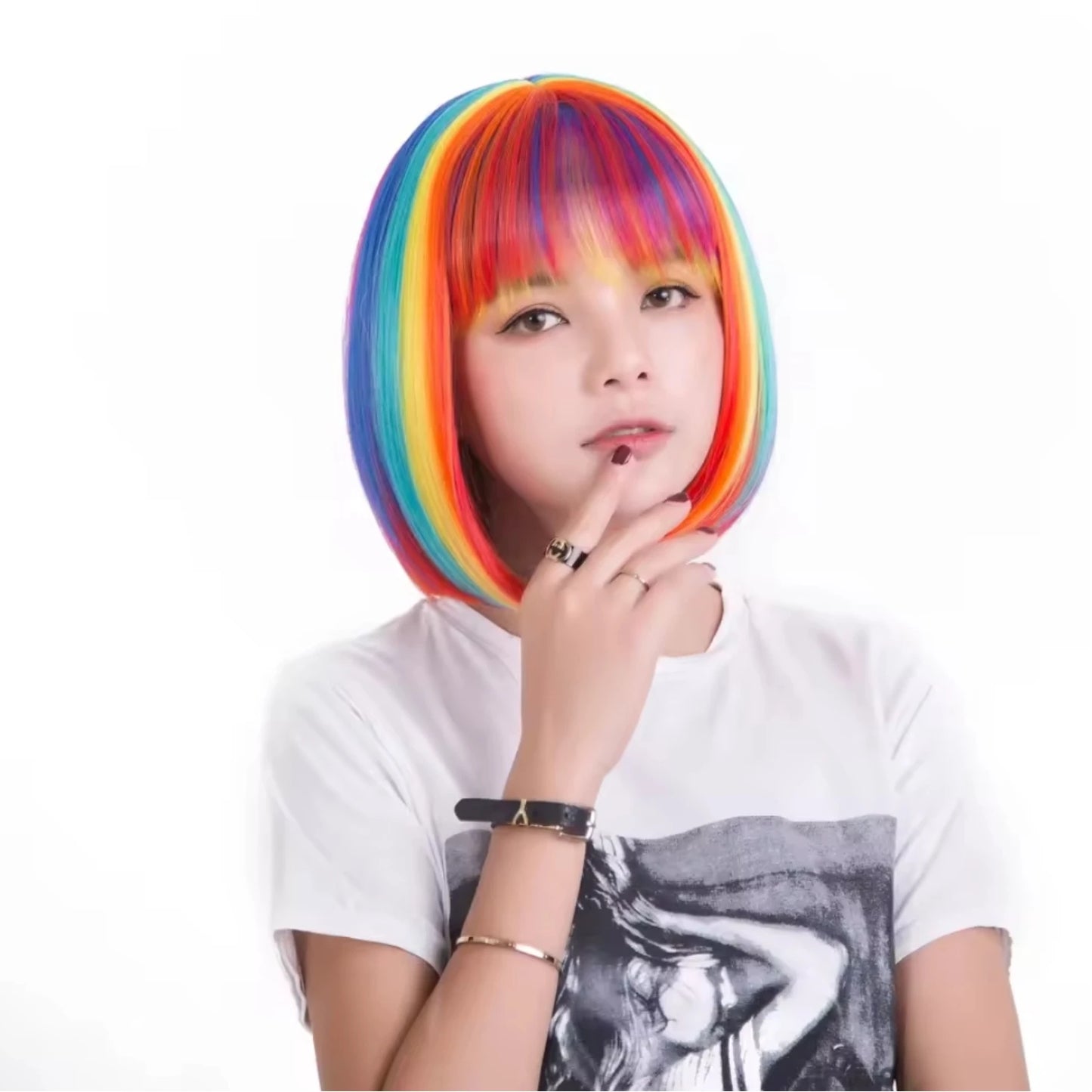 Colorful Bob Hairstyle Wig Suit Airy Bangs Rainbow Halloween Cosplay Short Hair  Synthetic Wig Halloween, Christmas costumes