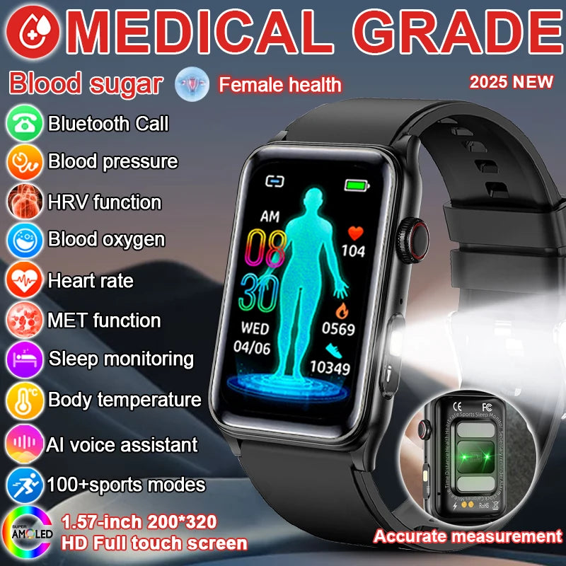 2025 New AI Medical Diagnosis Blood sugar Blood pressure Blood oxygen Smart Watch For Men Bluetooth Call LED Health Smart watch