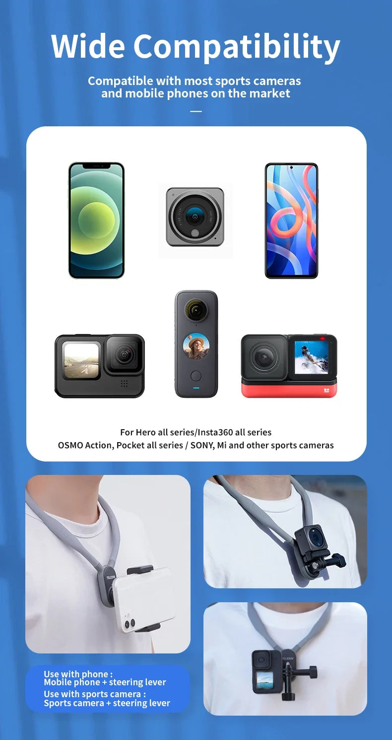 TELESIN Neck Hold Mount for GoPro Hero 13 12 11 10 9 8 7 6 5 Insta360 DJI Osmo Action Smartphone Magnetic GoPro Accessories