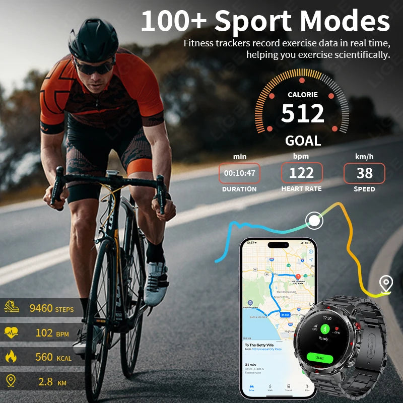 LIGE Outdoor Military Smart Watch Men 1.46" HD Screen Built-in GPS Compass Altimeter 3ATM Waterproof Clock BT Call SmartWatches