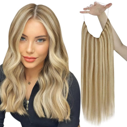 VeSunny Fish Line Human Hair Extension Wire Natural Hair OnePiece Invisible Wire Hair Weft with 2 Clips Machine Made Blonde Hair
