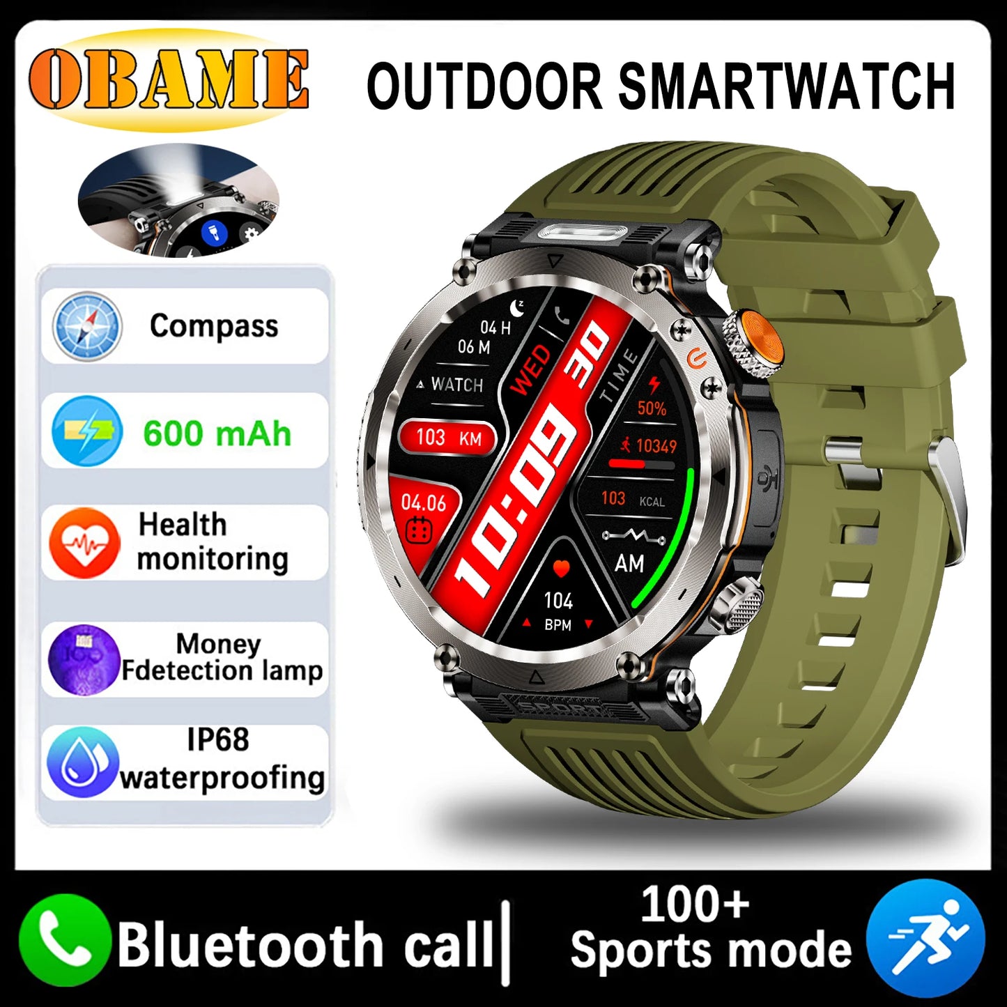 5ATM Waterproof Smart Watch Men 600mAh Outdoor SmartWatch GPS Compass Heart rate LED Flashlight Bluetooth Call Sports Smartwatch