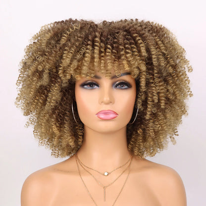 Tereshar Synthetic Short Curly Wigs for Black Women Afro Wig With Bangs Short Afro Kinky Curly Wig for Daily Party Wear