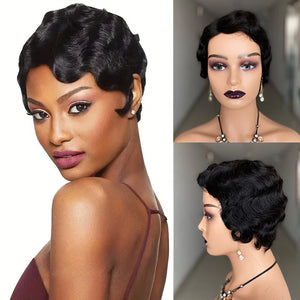 Short Finger Wave Wig Brazilian Human Hair Wig For Women Brown Short Ocean Wave Wig Peruca Burgundy Pixie Cut Machine Wigs