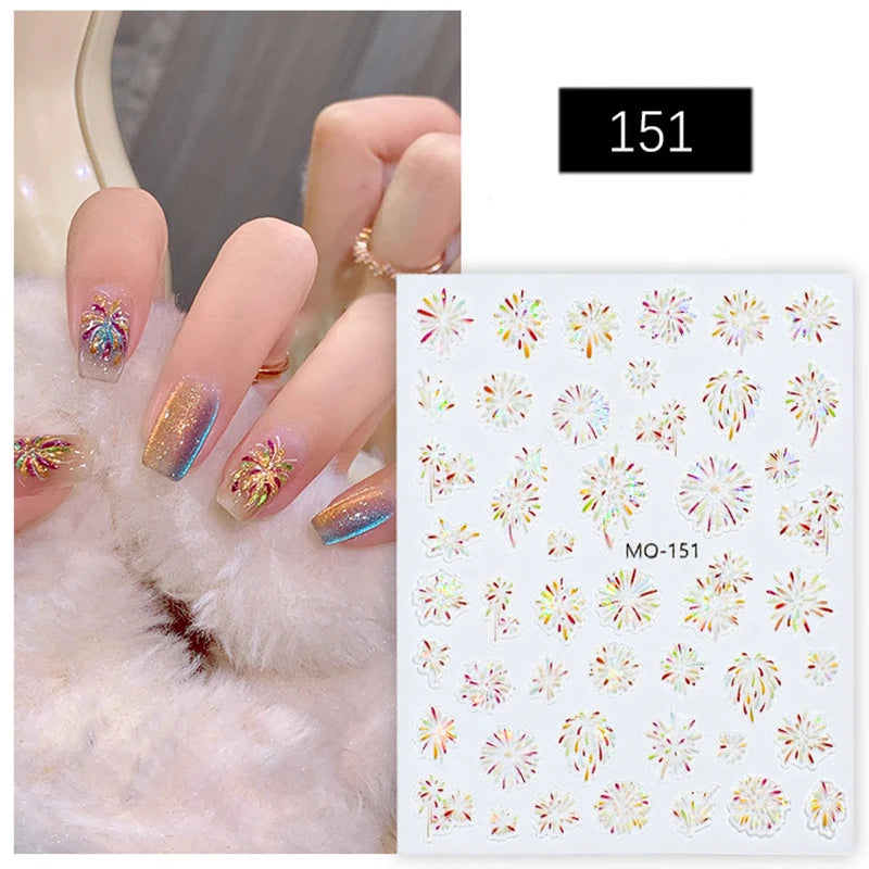 5d Embossed Nail Art Stickers Golden Lines Semi-Transparent Purple Blue Flowers Decals Decorations For Nail Tips Manicures