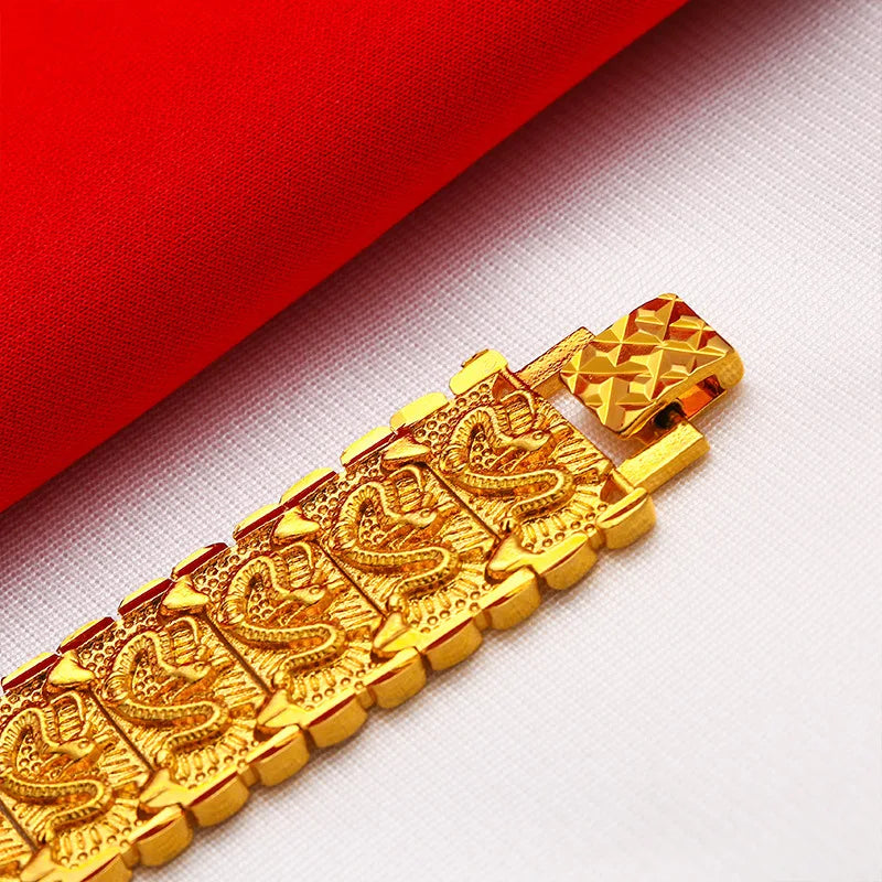 Men's 24K Gold (AU999) Double-Sided Dragon Bracelet | Double-sided carving, hammered brocade with titanium