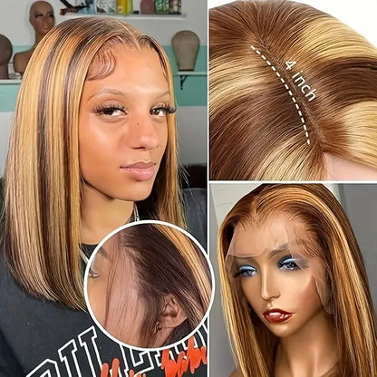 13x4 Straight Short Wig 4/27 Brown Blonde Pre Plucked Transparent  Lace Human Hair Bob Wigs Transparent Lace Human Hair Bob Wigs