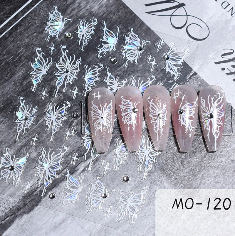 5d Embossed Nail Art Stickers Golden Lines Semi-Transparent Purple Blue Flowers Decals Decorations For Nail Tips Manicures
