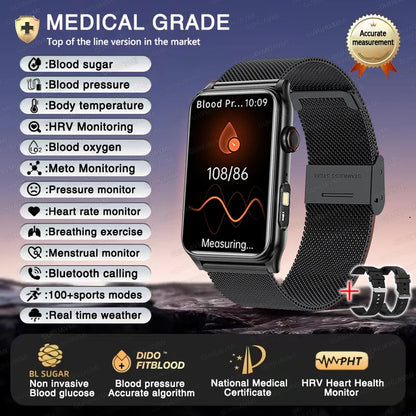 2025 New AI Medical Diagnosis Blood sugar Blood pressure Blood oxygen Smart Watch For Men Bluetooth Call LED Health Smart watch