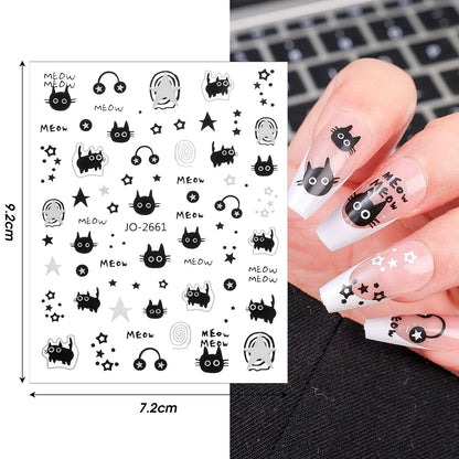 1-10PCS Y2K Black Cat Nail Stickers Kawaii Cartoon Animal Paw Sliders Nail Arts 3D Silver Stars Letters Manicure Decals Tools