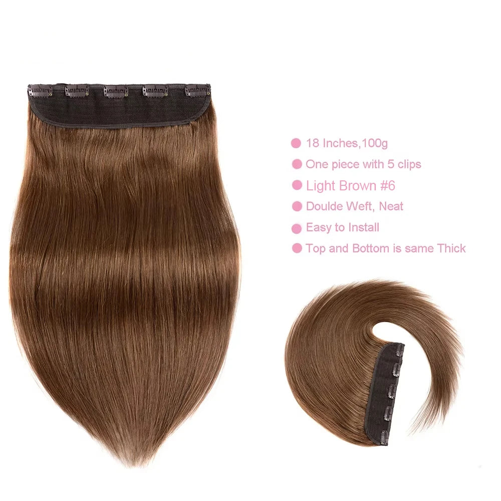 #6 Light Brown Bone Straight Clip In Hair Extensions 1 Piece 5 Clips Full Head One-Piece Clip In Human Hair Extensions 100G/Set