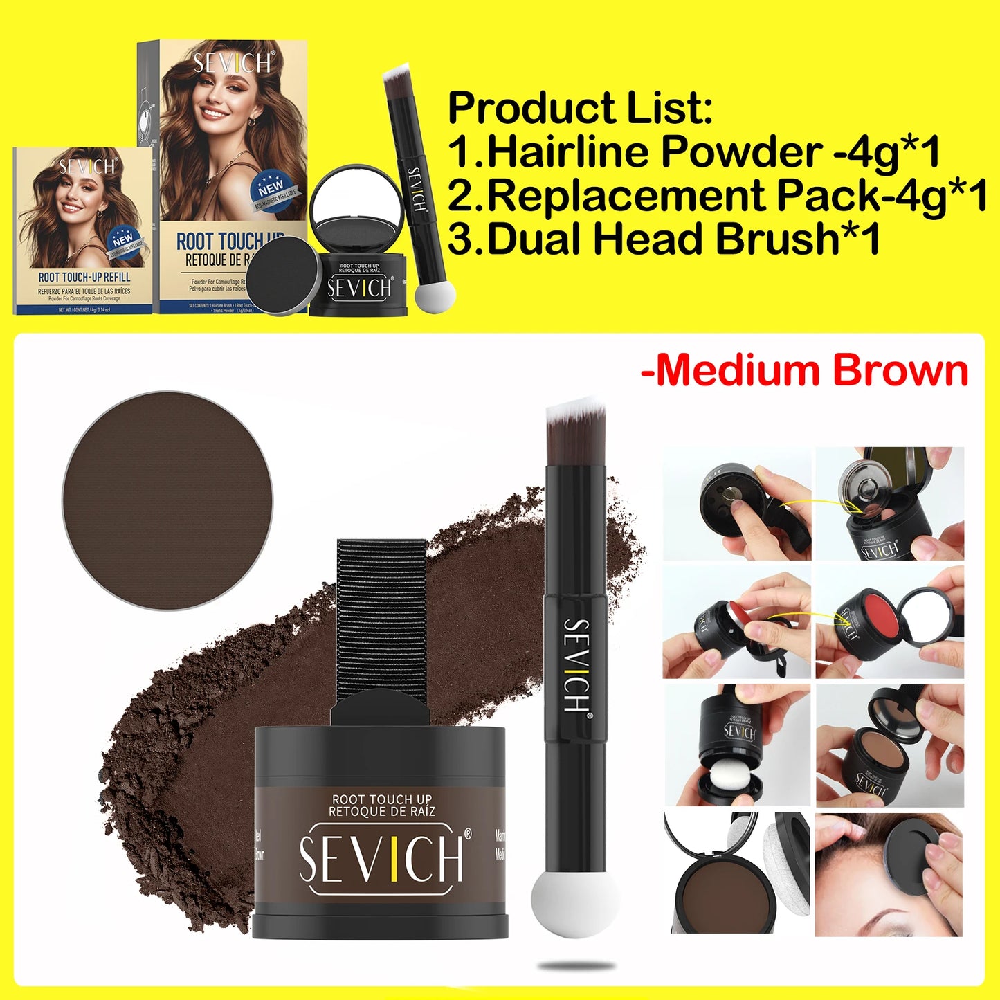 SEVICH Replaceable Hairline Powder Kit Refill Hairline Shadow Powder Root Cover Up Hair Concealer Double Ended Makeup Brush