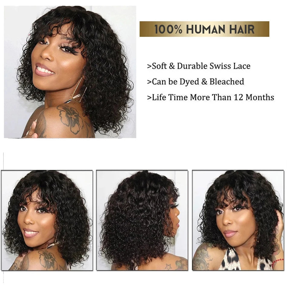 Afro Kinky Curly Human Hair Wig With Bangs Brazilian Hair Human Natural Afro Wig 180% Density Human Hair Wigs For Women On Sale