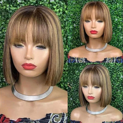 Human Hair Straight Bob Lace Wigs Straight Human Hair Wigs With Bangs #27 Brown Fringe Middle Part Bob Lace Wigs Realistic Scalp