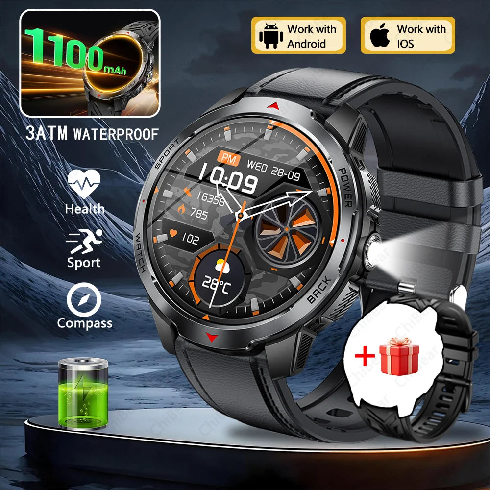 1100mAh Super Capacity Battery Military Outdoor Smart Watch Men 1.7inch Screen Compass Bluetooth Call 3ATM Waterproof SmartWatch
