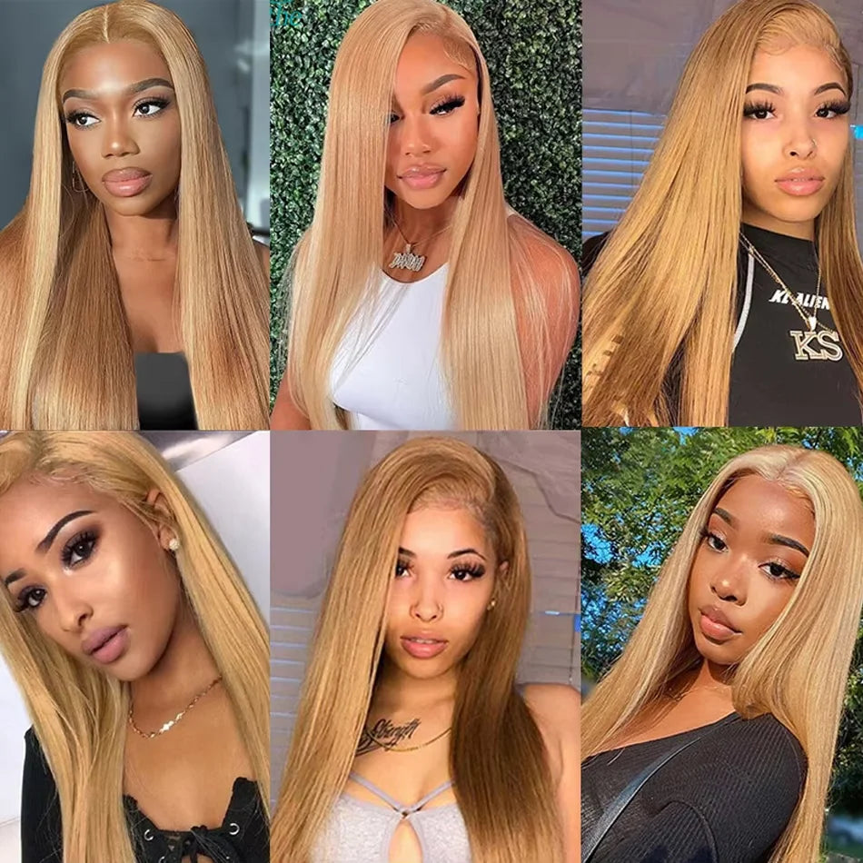 Honey Blonde Wig Human Hair Bone Straight Wigs 13x6 Hd Lace Frontal Wigs For Women 200% Density 27# Colored Lace Front Wigs