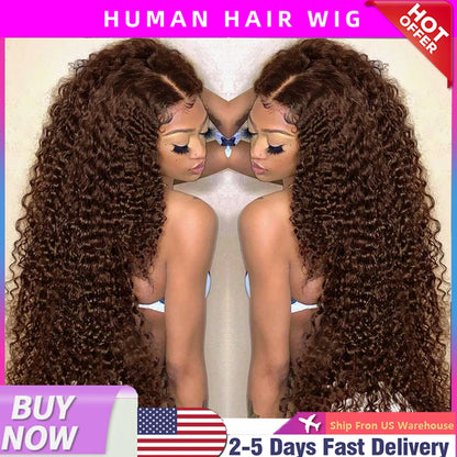 Chocolate Brown Deep Wave Human Hair Wig 30 Inch Transparent Lace Frontal Wigs For Women 13x6  Lace Front Water Curly Wave Wig