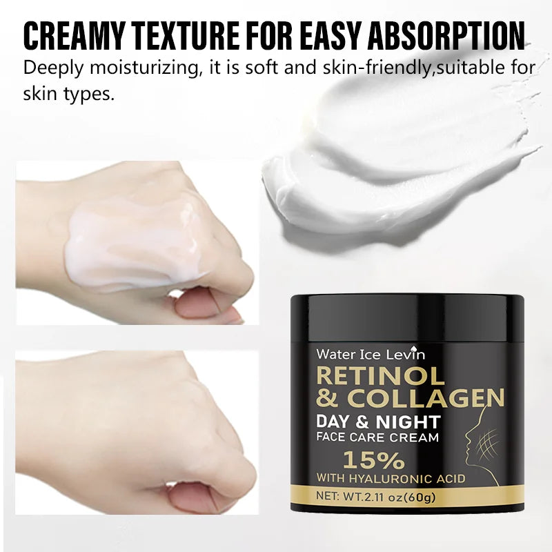 60g Retinol Collagen Day and Night Cream - Moisturizing Cream with Hyaluronic Acid and Vitamin E, Suitable for All Skin Types, Firming, Nourishing, and Giving a Youthful Glow