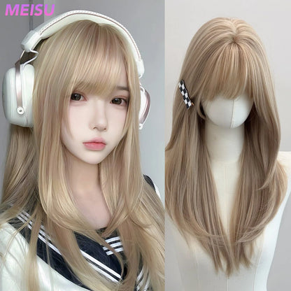 MEISU 24 Inch Synthetic Long Straight Bangs Wig Platinum Layered Fiber Heat-Resistant Natural Smooth Hair Party For Women