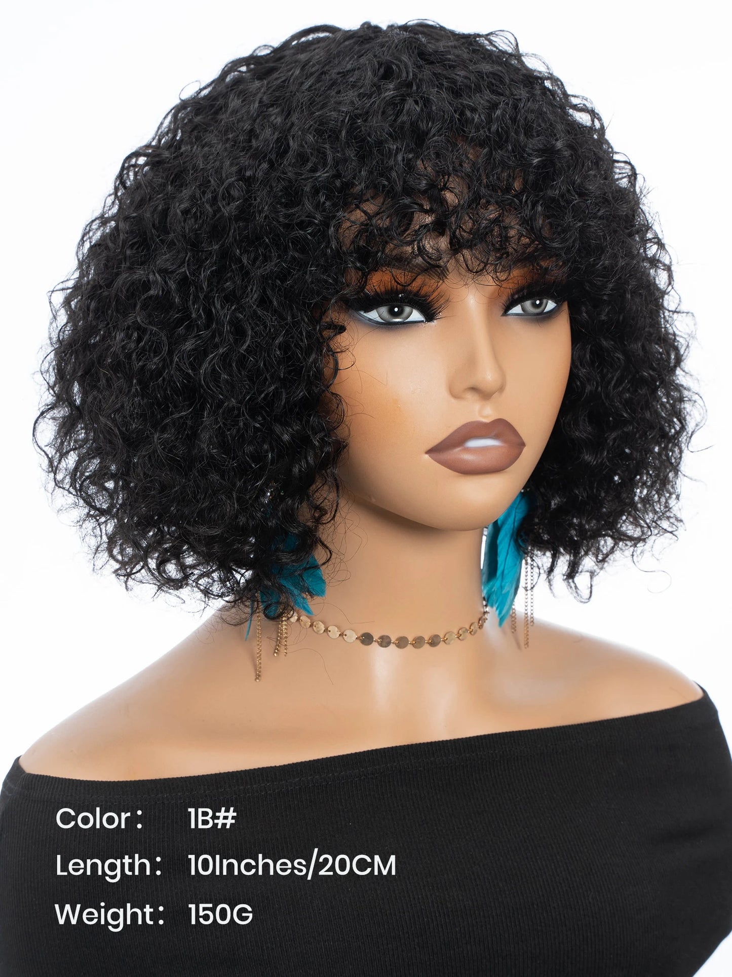 Black Pearl Jerry Curly Wig with Bangs100% Human Hair Short Pixie Cut Fringe Style Natural Curly Perruque Lightweight