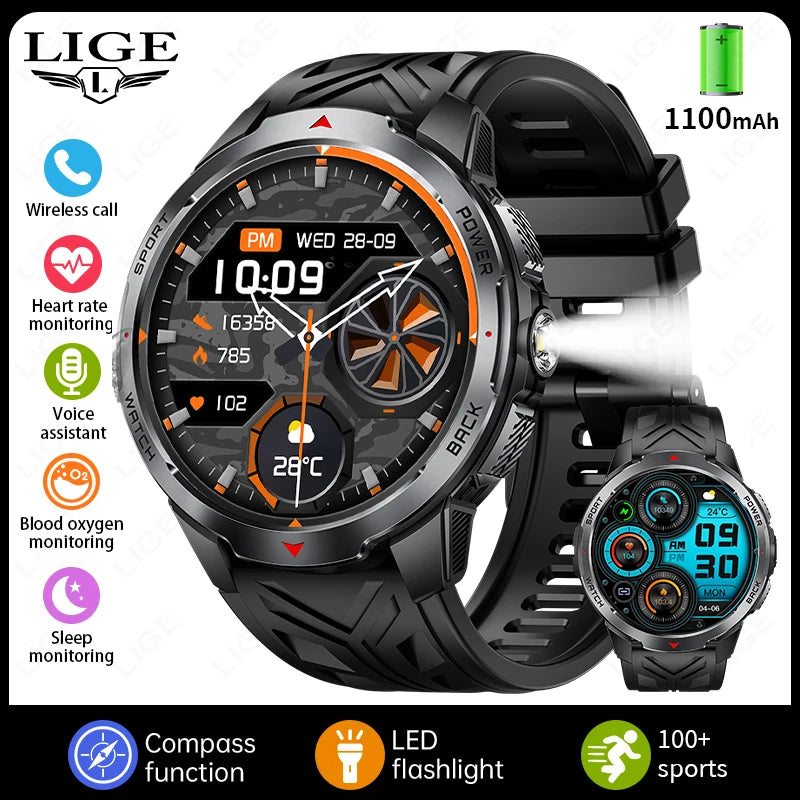 LIGE 1100mAh Large Battery Compass Watch Men Waterproof Bluetooth Call Smartwatch Android Sleep Heart Rate Monitor Smart Watches