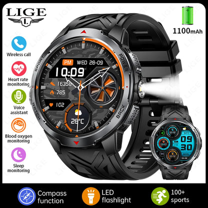 LIGE 1100mAh Large Battery Compass Watch Men Waterproof Bluetooth Call Smartwatch Android Sleep Heart Rate Monitor Smart Watches