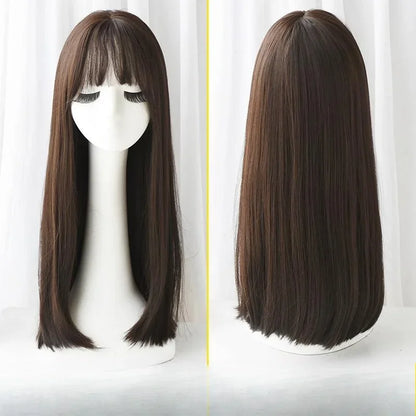 28in Long Black Straight Wig with Air Bangs for Women Heat Resistant Fashion Elegant Synthetic Wig for Cosplay and Daily Party