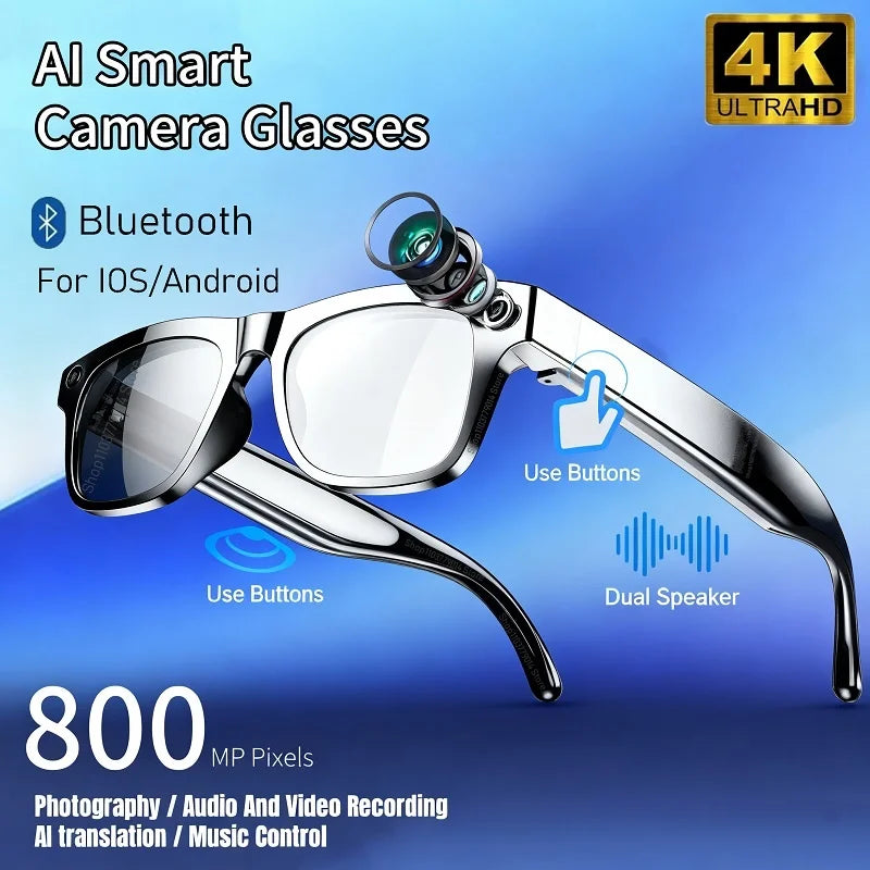800w Pixel Bluetooth Smart Glasses Ai Translation Photochromic Lenses Object Recognition 4k Camera Take Photos Voice Assistant