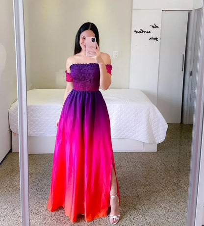 Elegant Off Shoulder Dress  Summer Fashion Dresses High Waist Flower Print Short Sleeve Vestidos Robe Clothing