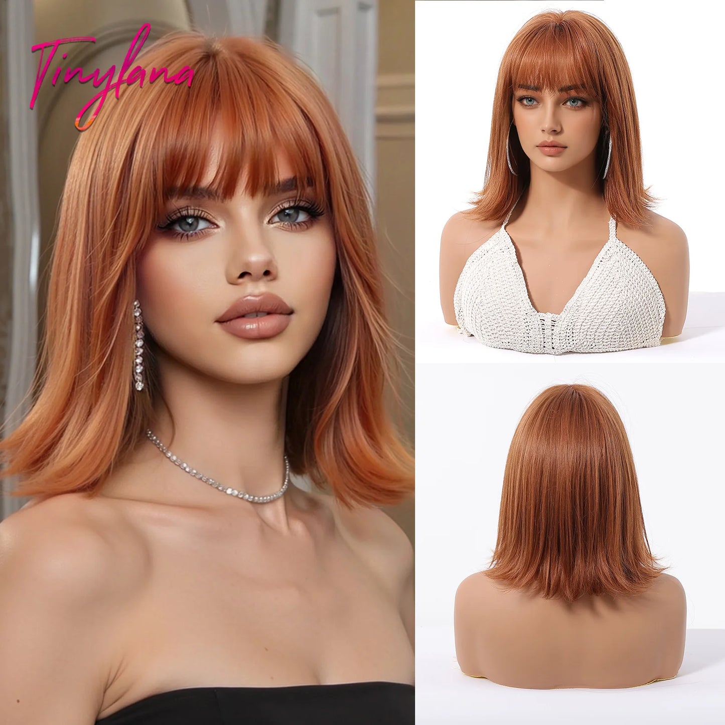 Light Brown Blonde Synthetic Wigs with Bangs for Women Short Bob Daily Straight Wigs Fake Hair Cosplay Halloween Heat Resistant