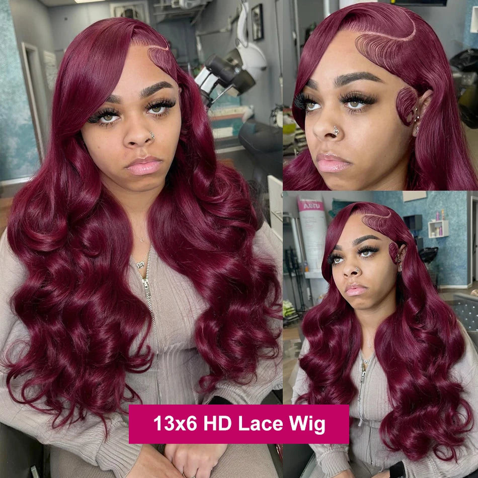 34Inchs Body Wave Burgundy Human Hair Wigs 99J Colored Transparent 13x6 Hd Lace Frontal Wig Brazilian Water Wavy Wigs For Women
