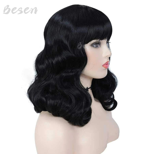Synthetic 50s Vintage Shoulder Length Black Wigs with Bangs Bettie Page Wigs Natural Wavy Hair Wig for Women Cosplay Halloween