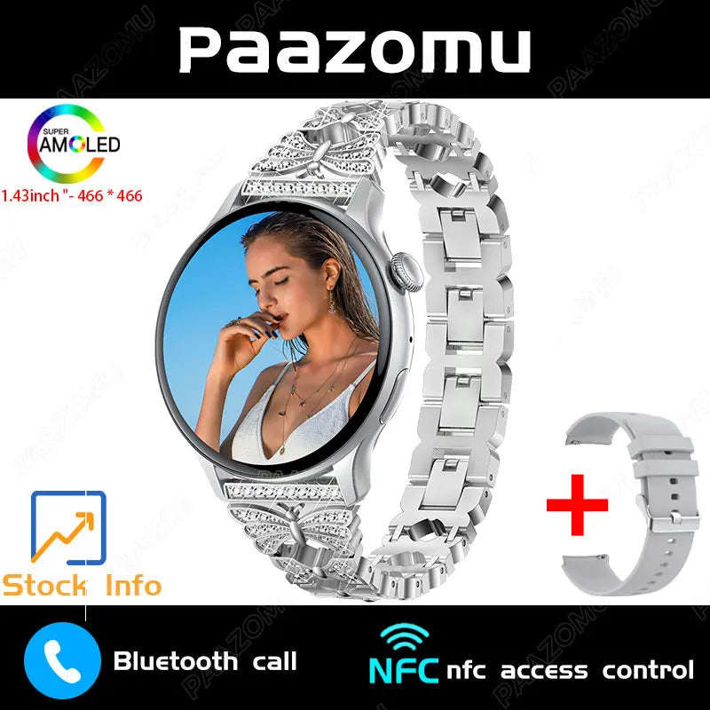 New Smart Watch Women 466*466 AMOLED Screen Always Display Time NFC Bluetooth Call Fashion IP68 Waterproof Sports Men Smartwatch