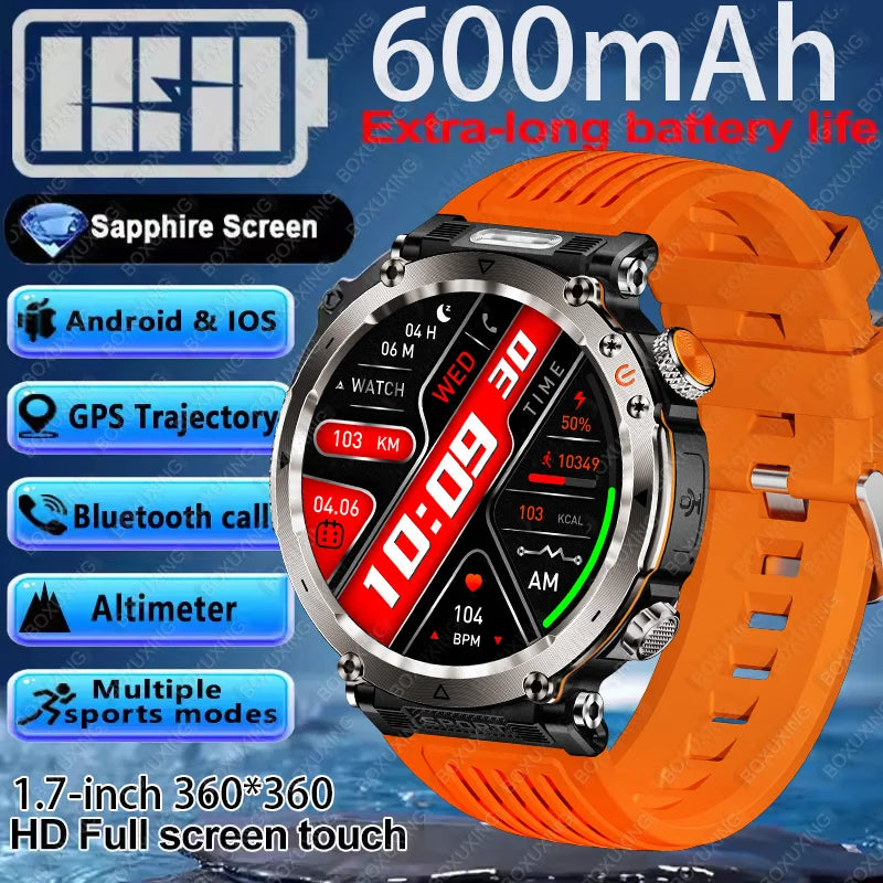 2025 New Outdoor Smart Watch Men 600mAh LED Flashlight SmartWatch Compass Bluetooth call Heart rate IP 68 Sports Smartwatch 2025