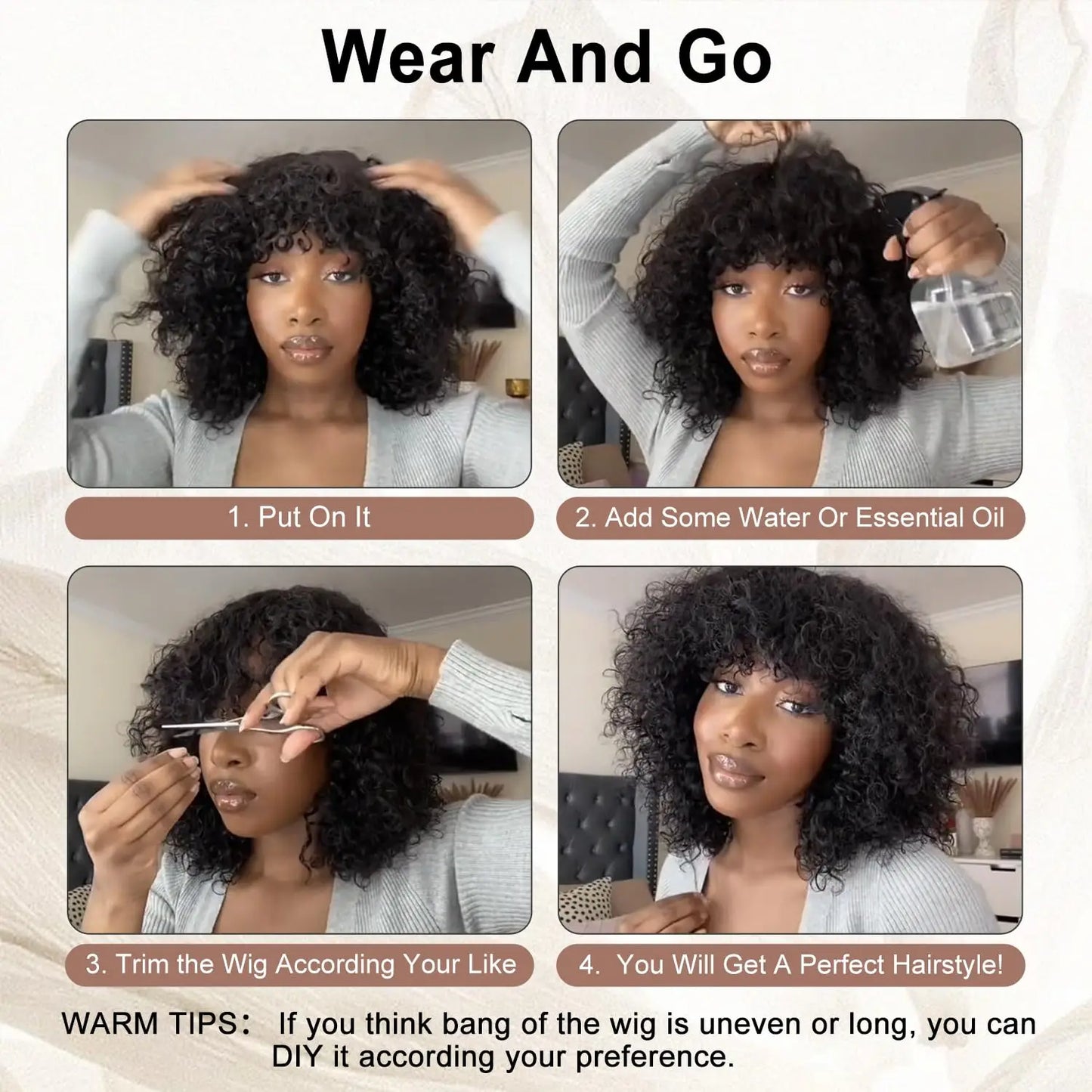 Short Curly Bob Wig Human Hair Water Wave Glueless Human Hair Wigs with Bangs for Black Women Wear and Go Machine Made Wig Black