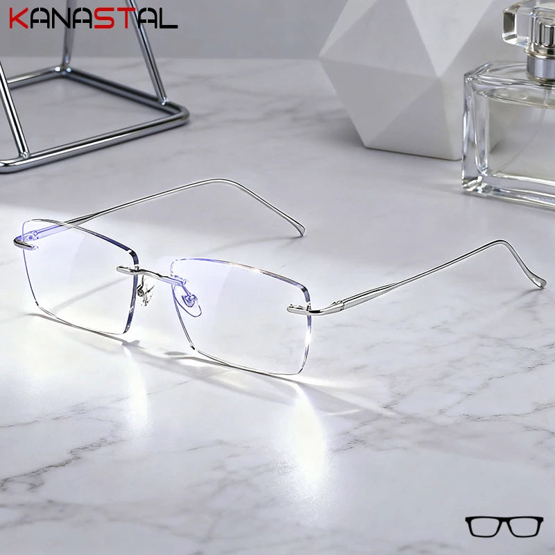 Men Rimless Eyeglasses Frame Blue Light Blocking Lenses Women Computer Pure Titanium Glasses Prescription Myopia Reading Eyewear