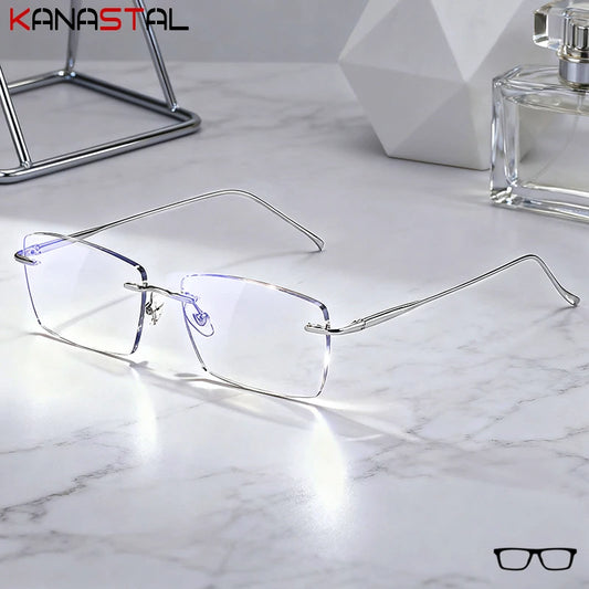 Men Rimless Eyeglasses Frame Blue Light Blocking Lenses Women Computer Pure Titanium Glasses Prescription Myopia Reading Eyewear