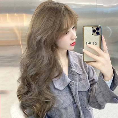 Synthetic wig mint gray brown long roll imitation human hair water ripple wig set