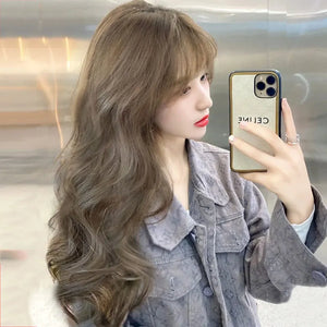 Synthetic wig mint gray brown long roll imitation human hair water ripple wig set